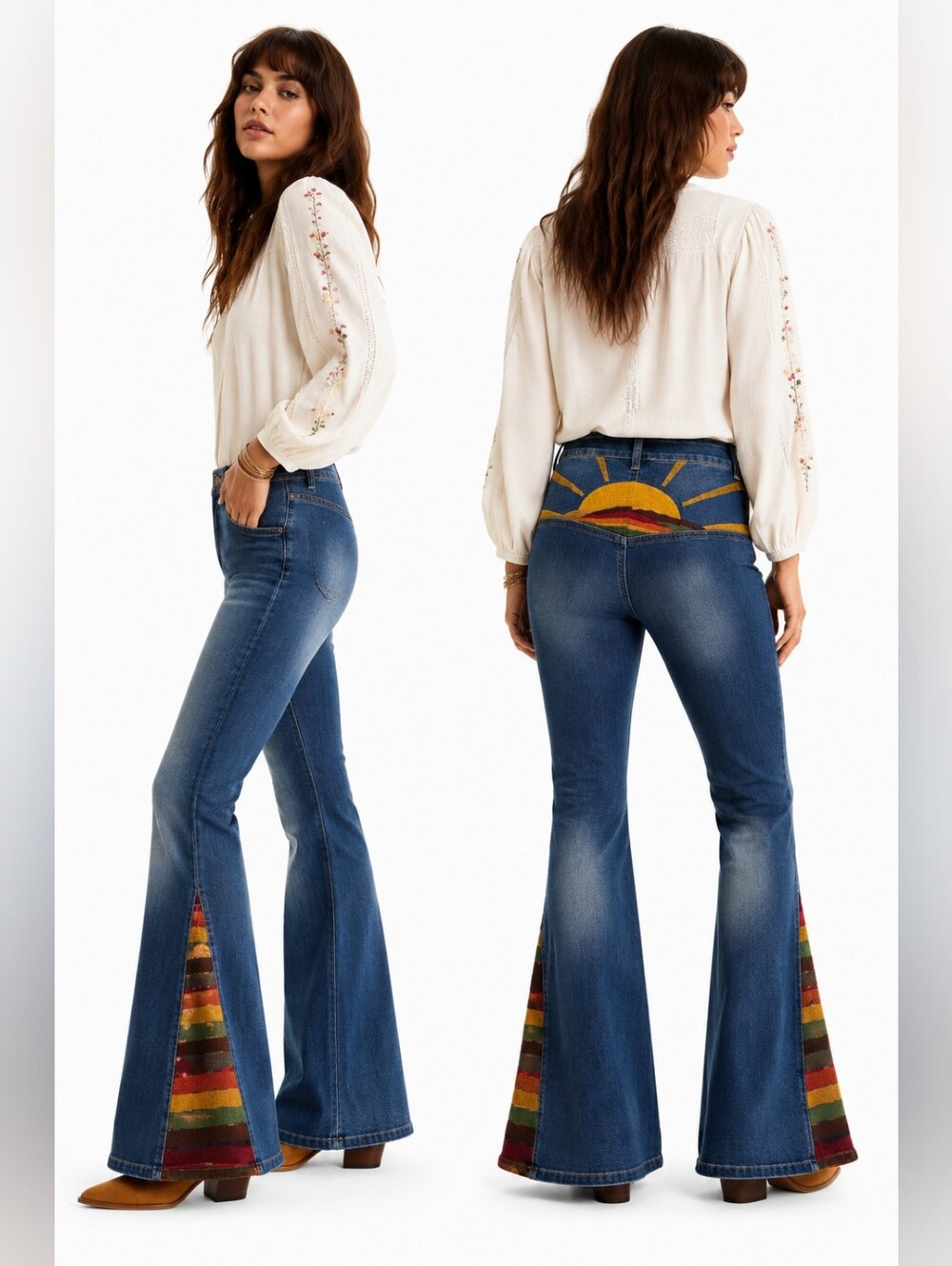 BESTTO EMBROIDERED SUN FLARE JEANS BOHO RETRO DENIM SZ M